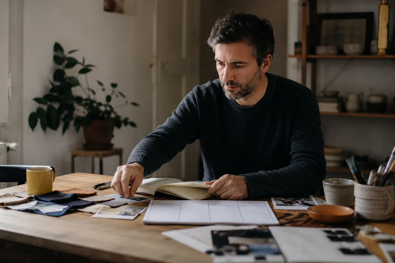 Ein Mann ordnet Arbeitsmaterialien, Notizen und mögliche berufliche Wege