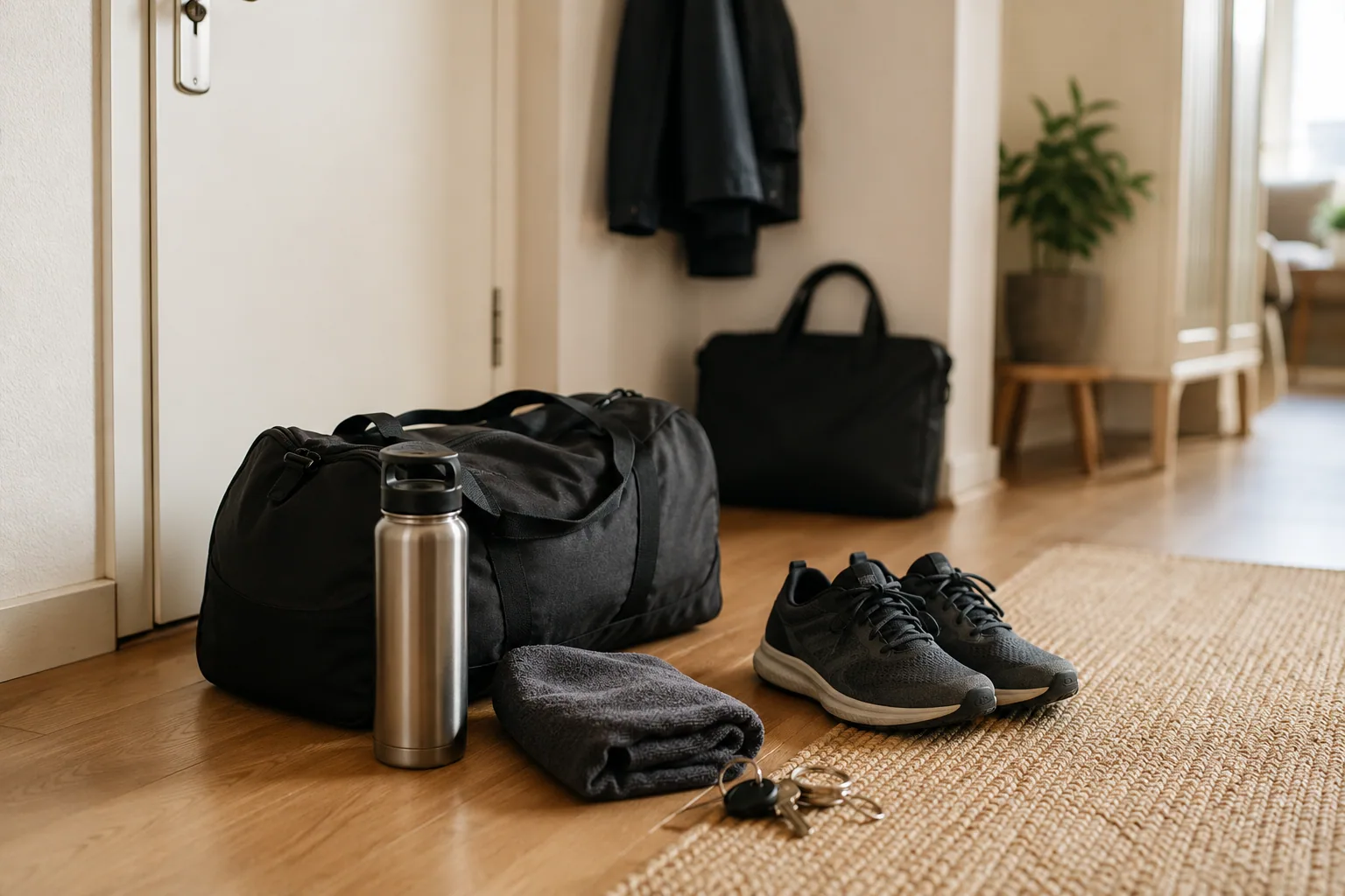 Eine gepackte Sporttasche, Laufschuhe und eine Trinkflasche stehen an der Wohnungstür