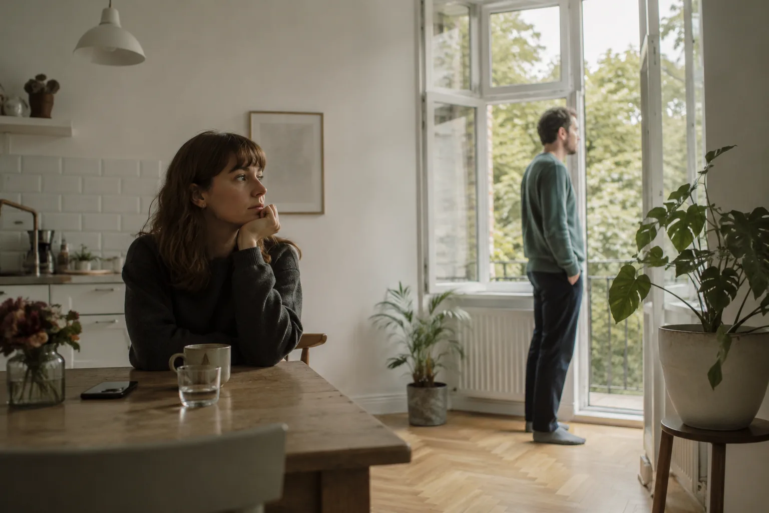 Eine Frau sitzt nachdenklich am Tisch, während ihr Partner mit Abstand am offenen Fenster steht