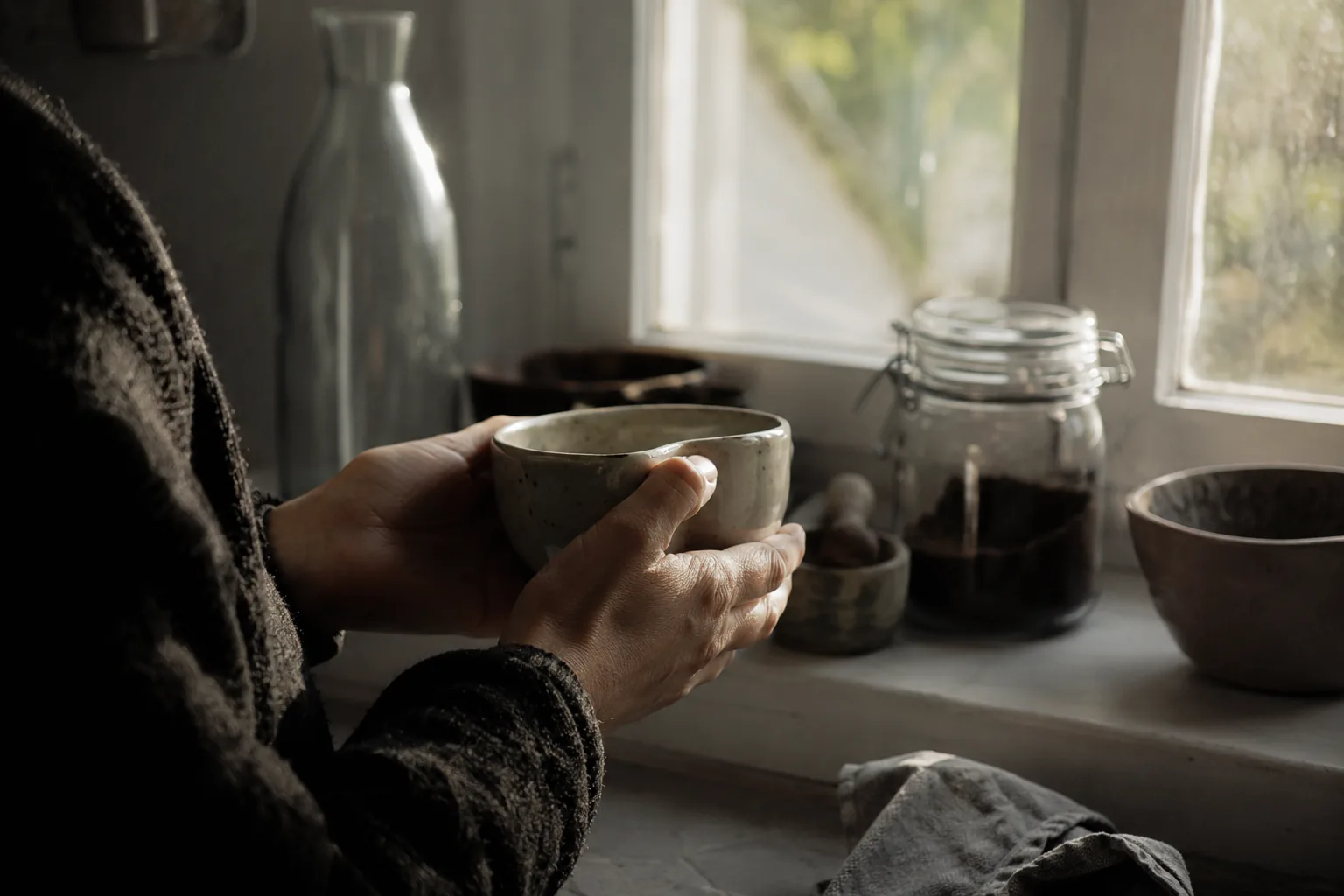 Eine Person hält in ruhigem Morgenlicht eine warme Tasse am Fenster