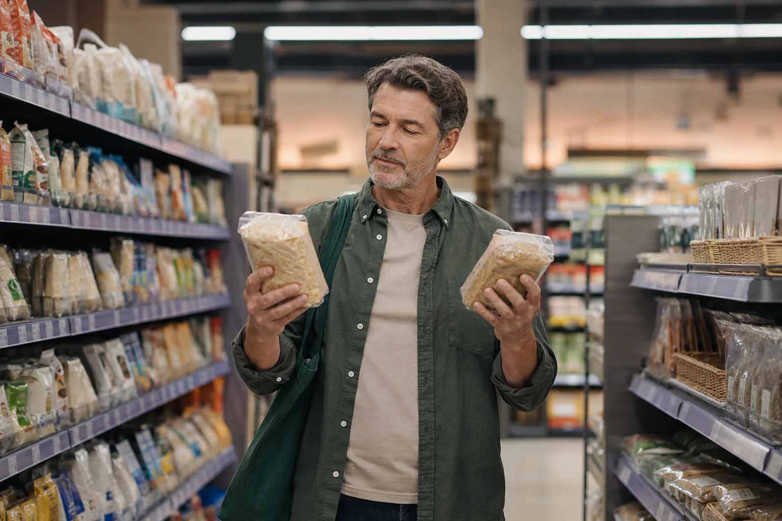 Ein Mann vergleicht im Supermarkt zwei ähnliche Produkte