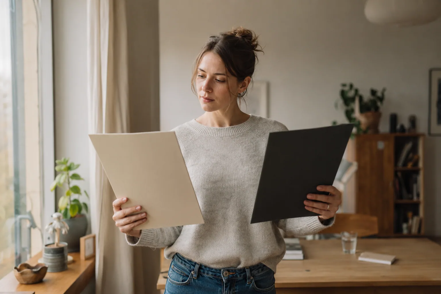 Eine Frau wägt zwei unterschiedliche Mappen als Entscheidungsmöglichkeiten ab