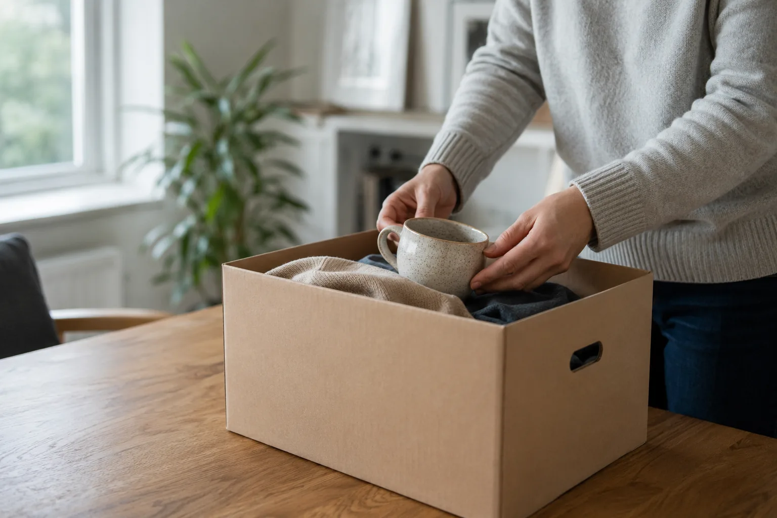 Eine Person legt eine gemeinsame Tasse behutsam in eine Kiste