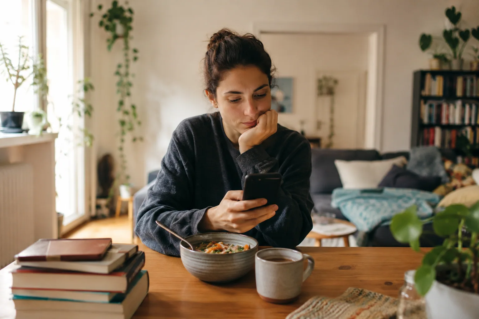 Eine Frau betrachtet ihr Smartphone vor einem einfachen Essen und persönlichen Büchern