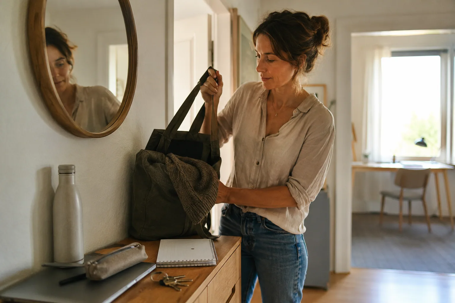 Eine Frau packt eine vorbereitete Tasche für ihren nächsten Schritt