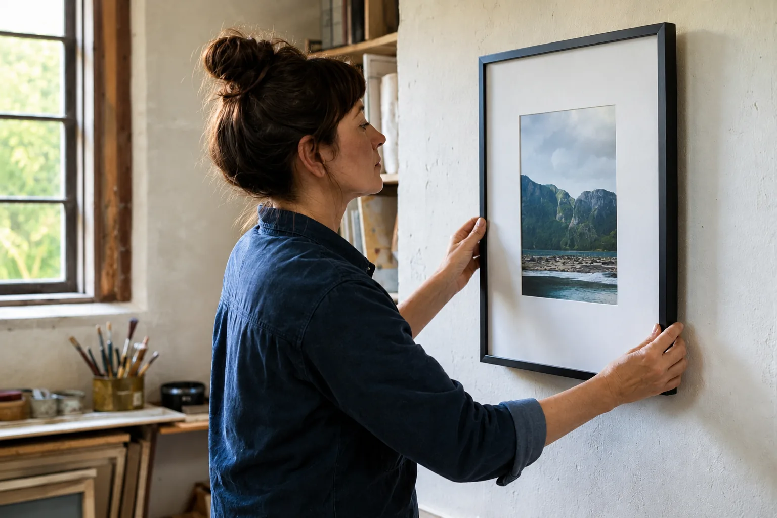 Eine Frau richtet einen Bilderrahmen neu an der Wand aus