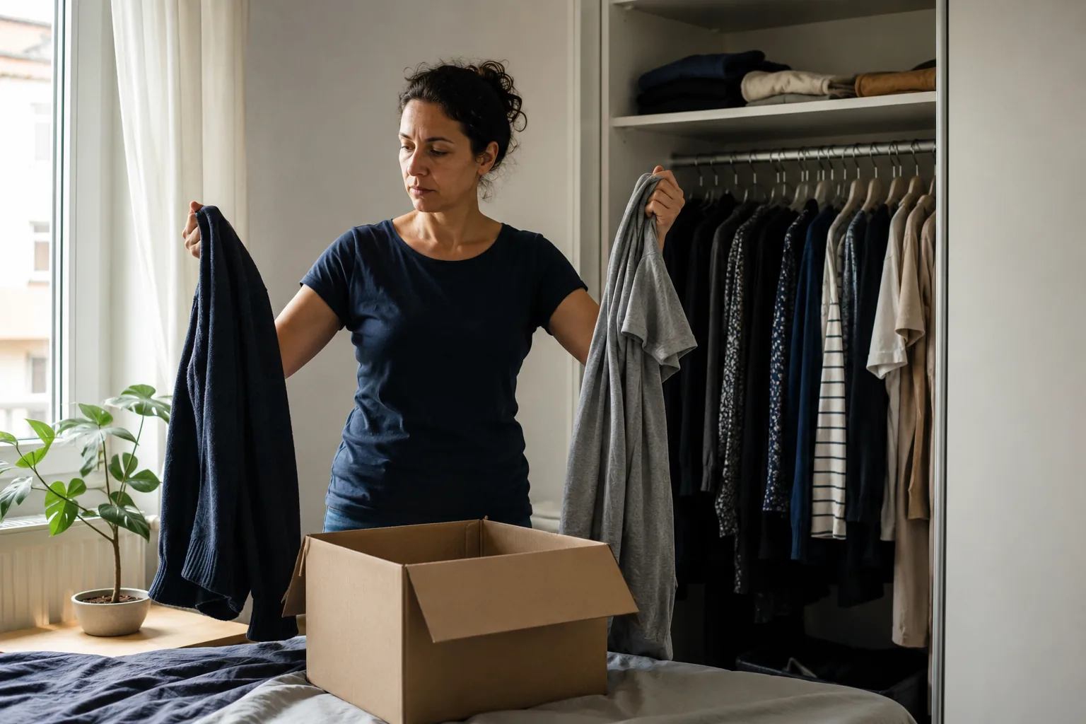 Eine Frau entscheidet vor ihrem Kleiderschrank, welche Kleidung sie behalten möchte