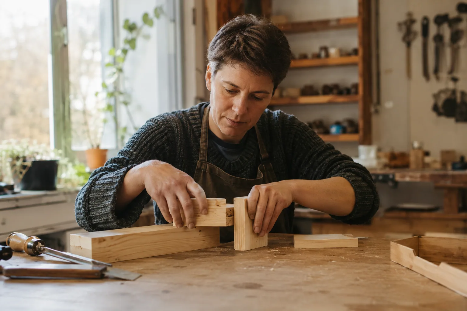 Eine Person richtet in einer Werkstatt Holzteile für einen neuen Versuch aus