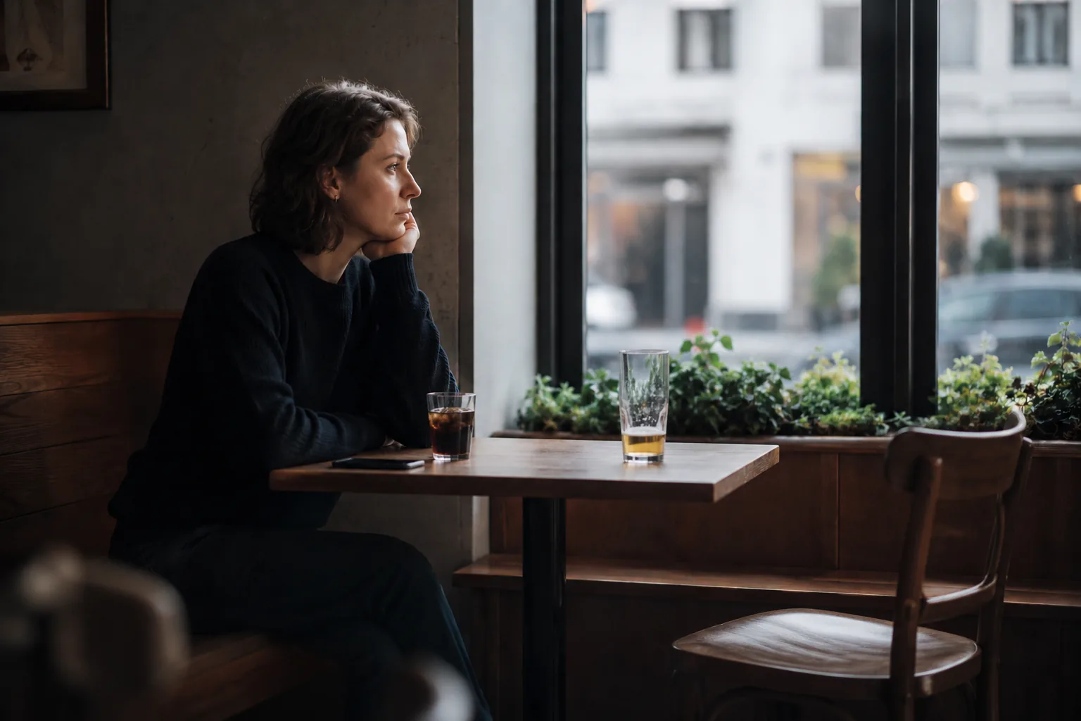 Eine Frau sitzt in einem Café einem leeren Platz gegenüber