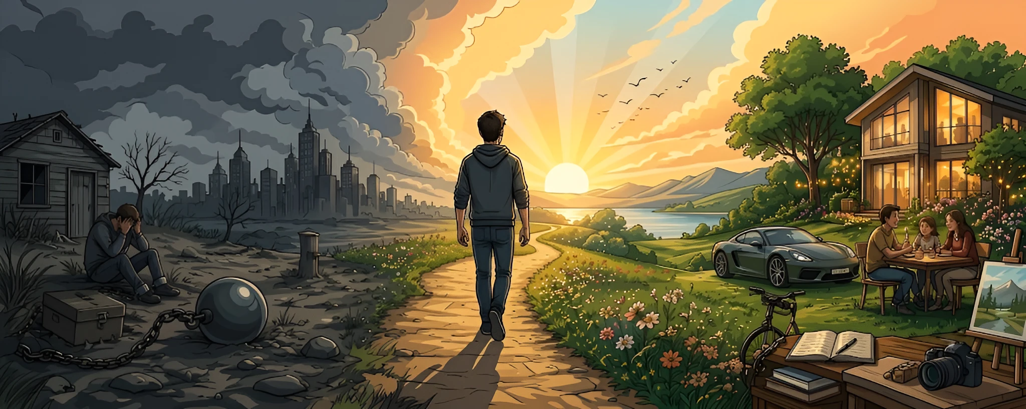 Illustration aus dem Kurs: der Weg von einer verdorrten, grauen Landschaft hin zu einer offenen, lebendigen
