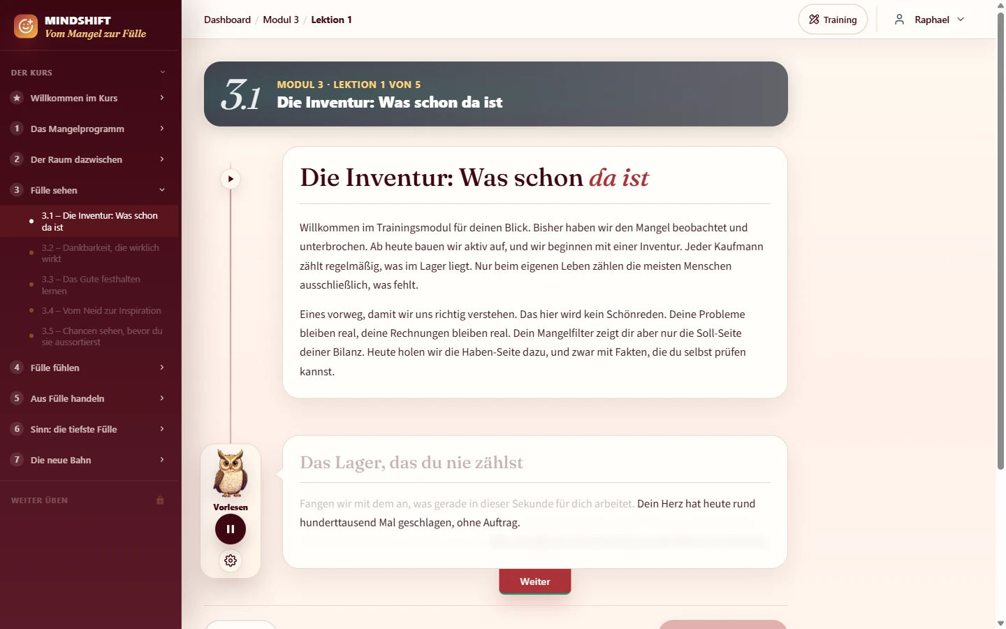 Eine Lektion im Kurs Mindshift: Modulübersicht links, Lektionskarte mit Text und Vorlese-Funktion